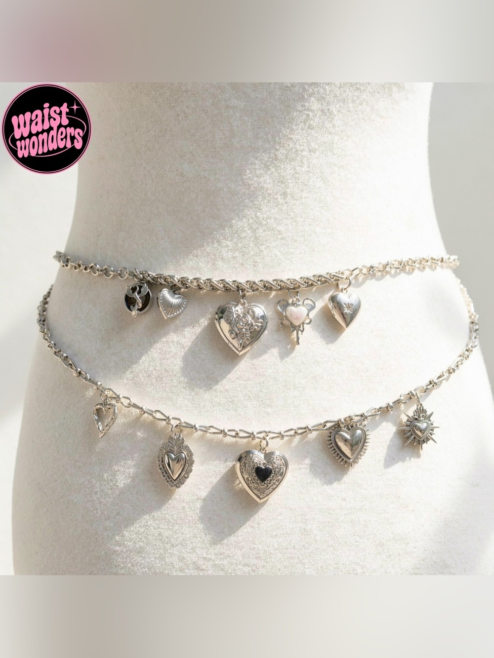 Y2K 2000s style Silver heart charm waist chain belt